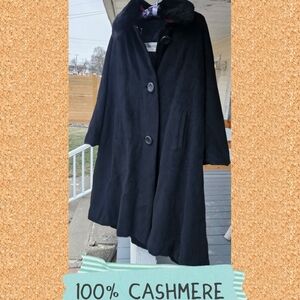 Vintage Black 100% Cashmere Cape Coat & Faux Fur Collar